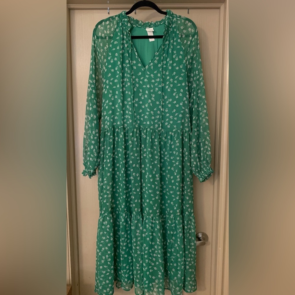 h&m green floral chiffon dress